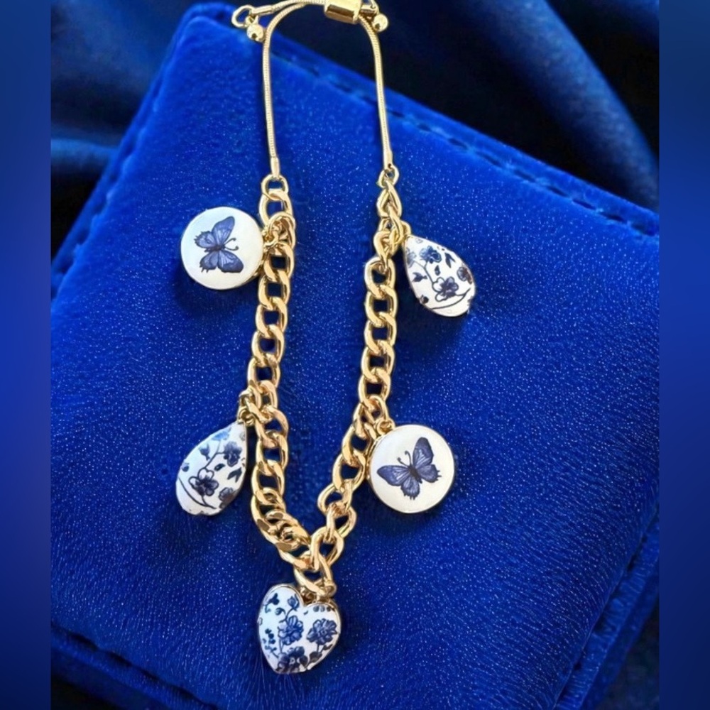 Gold and Blue/White Charm Bracelet-Adjustable
